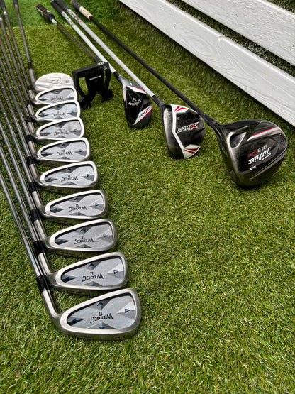 Mizuno Widec II Irons, Titleist 913 Driver, Callaway X Hot Woods, Wilson Infinite Putter & Titleist StaDry Cart Bag