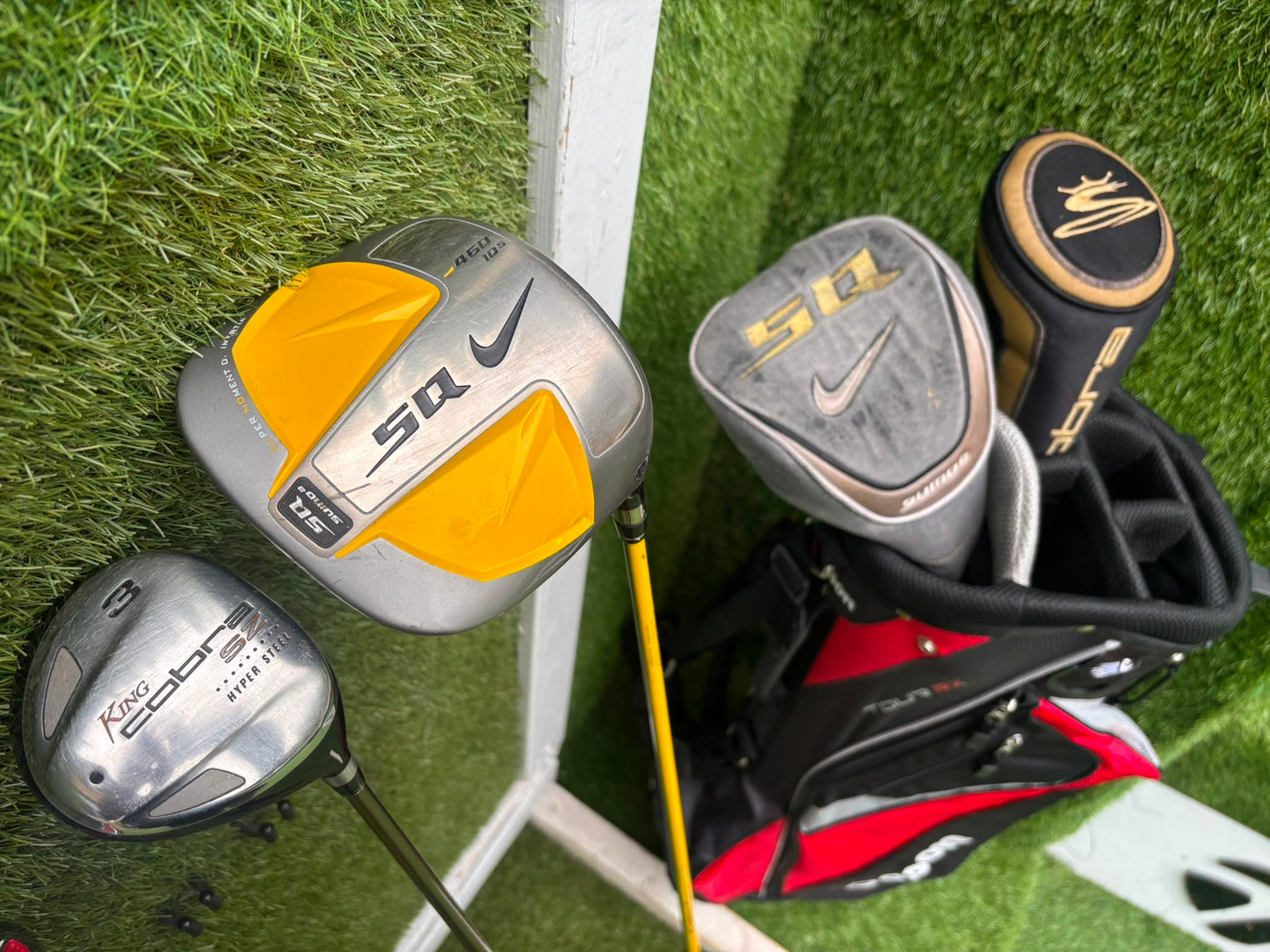 RAM Laser Hybrid Irons, Nike SQ Sumo² Driver, Cobra SZ Fairway Wood, Slazenger V Series Putter & Wilson Tour RX Stand Bag