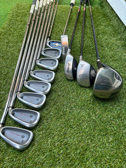 Wilson Deep Red Irons, Cobra Driver, TaylorMade Wood, TaylorMade Hybrid, Ping Putter Callaway Cart Bag