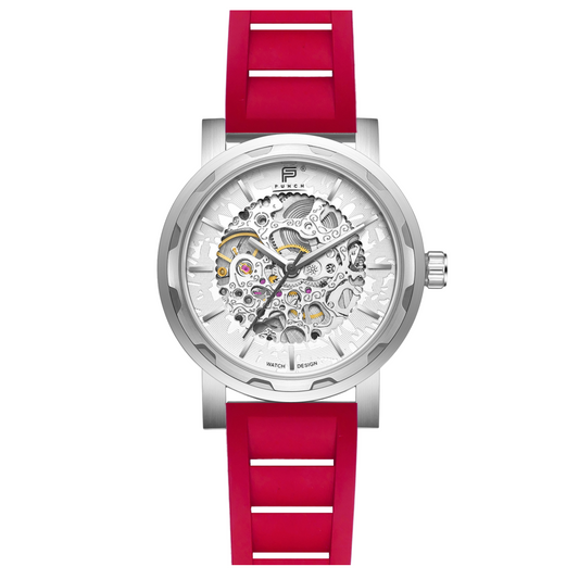 PUNCH Mens Watch, Silver & White Skeleton Automatic Watch - Red Rubber Strap