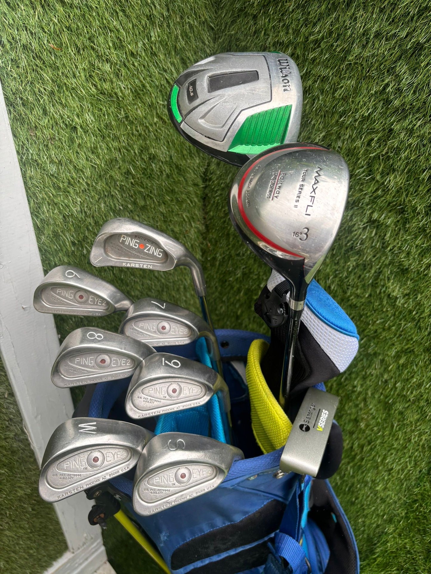 PING Eye2 Red Dot Irons, PING Zing 1 Iron, Wilson Driver, MaxFli 3 Wood & Nike Vapor X Stand Bag