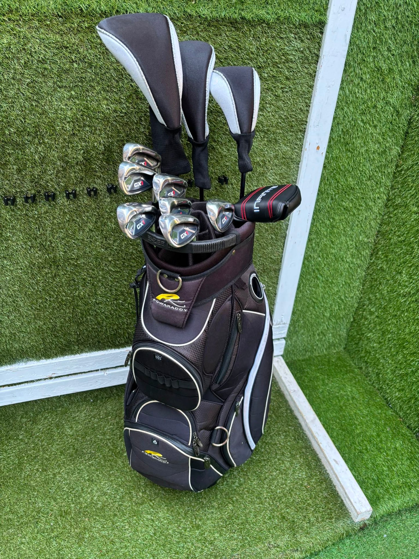 Masters GX1 Irons, Trilogy Ti-Matrix Driver, Dunlop NZ9 Fairway Woods, Wilson Infinite Buckingham Putter & PowaKaddy Cart Bag