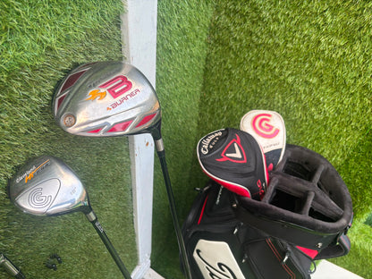 Wilson 3–SW Irons, TaylorMade Driver, Cleveland Fairway, Slazenger Putter & Titleist Cart Bag