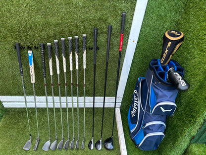 Wilson Deep Red Irons, Cobra Driver, TaylorMade Wood, TaylorMade Hybrid, Ping Putter Callaway Cart Bag