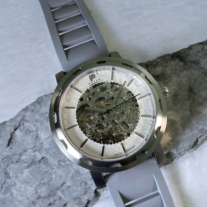 PUNCH Mens Watch, Silver & White Skeleton Automatic Watch - Grey Rubber Strap