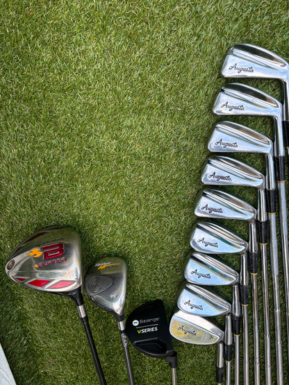 Wilson 3–SW Irons, TaylorMade Driver, Cleveland Fairway, Slazenger Putter & Titleist Cart Bag
