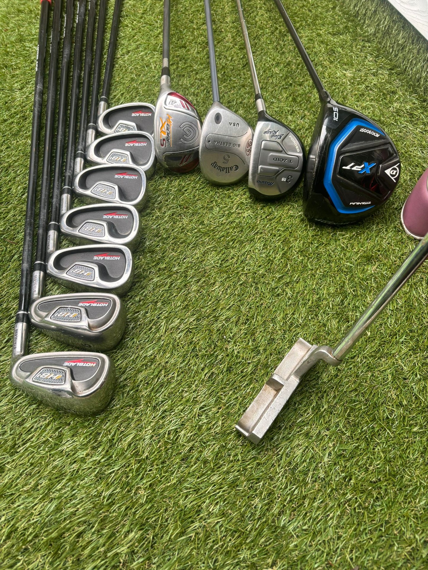 Wilson HotBlade Irons (5–SW) with Dunlop XPT Driver, Callaway & Mizuno Woods, Cleveland Hybrid Benross Cart Bag (12 Clubs)