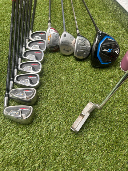 Wilson HotBlade Irons (5–SW) with Dunlop XPT Driver, Callaway & Mizuno Woods, Cleveland Hybrid Benross Cart Bag (12 Clubs)