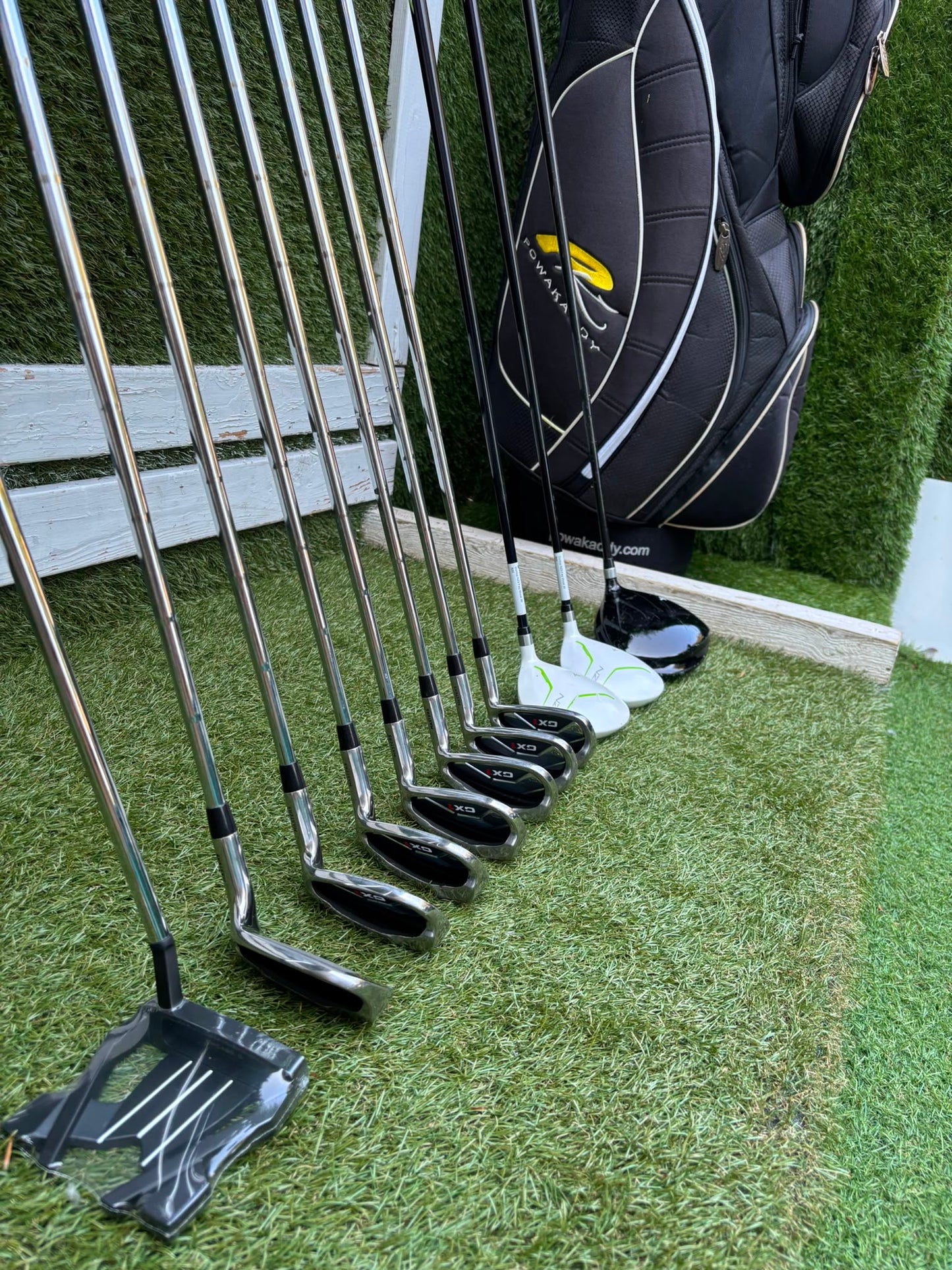 Masters GX1 Irons, Trilogy Ti-Matrix Driver, Dunlop NZ9 Fairway Woods, Wilson Infinite Buckingham Putter & PowaKaddy Cart Bag