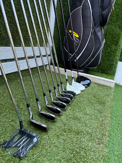 Masters GX1 Irons, Trilogy Ti-Matrix Driver, Dunlop NZ9 Fairway Woods, Wilson Infinite Buckingham Putter & PowaKaddy Cart Bag