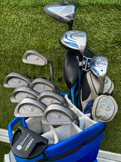 Ping Eye2+ Blue Dot Graphite Irons, Brand New Wilson D7 Driver, Ping G5 Woods & Ping Traverse Cart Bag