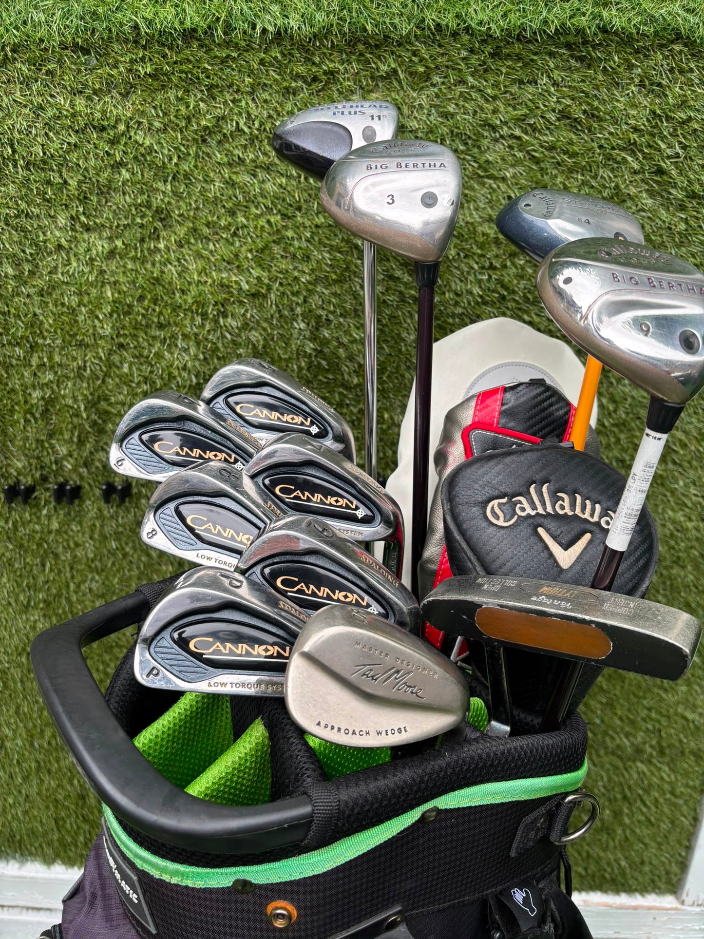 Callaway Big Bertha Woods, Spalding Cannon Irons (5–PW), Tad Moore Wedge & Caddymatic Cart Bag