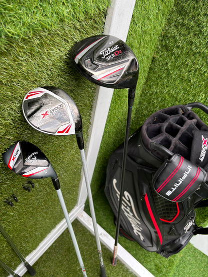 Mizuno Widec II Irons, Titleist 913 Driver, Callaway X Hot Woods, Wilson Infinite Putter & Titleist StaDry Cart Bag