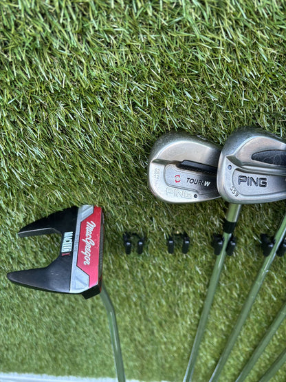 PING S59 4–PW Irons, Tour-W 52° Wedge, Cleveland HiBore Driver, Cobra 5 Wood, Mizuno Hybrid, MacGregor Putter & Stand Bag