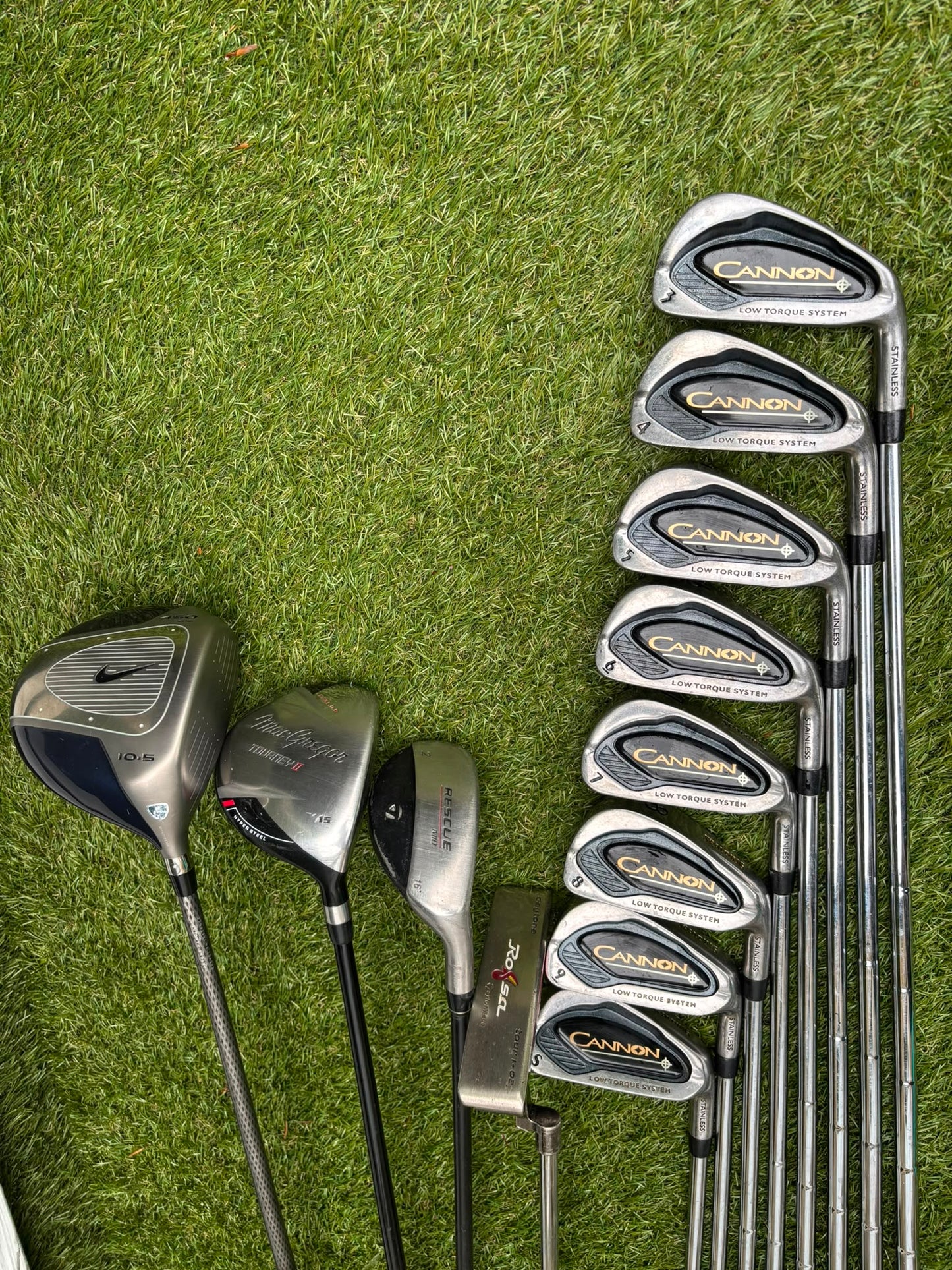 Nike Ignite Dymo² Driver, Spalding Cannon Irons (3–9, SW), TaylorMade Rescue & Rossa Putter | Callaway Stand Bag