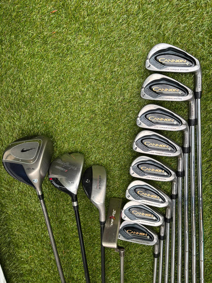 Nike Ignite Dymo² Driver, Spalding Cannon Irons (3–9, SW), TaylorMade Rescue & Rossa Putter | Callaway Stand Bag