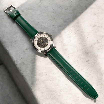 PUNCH Mens Watch, Silver & White Skeleton Automatic Watch - Green Leather Strap