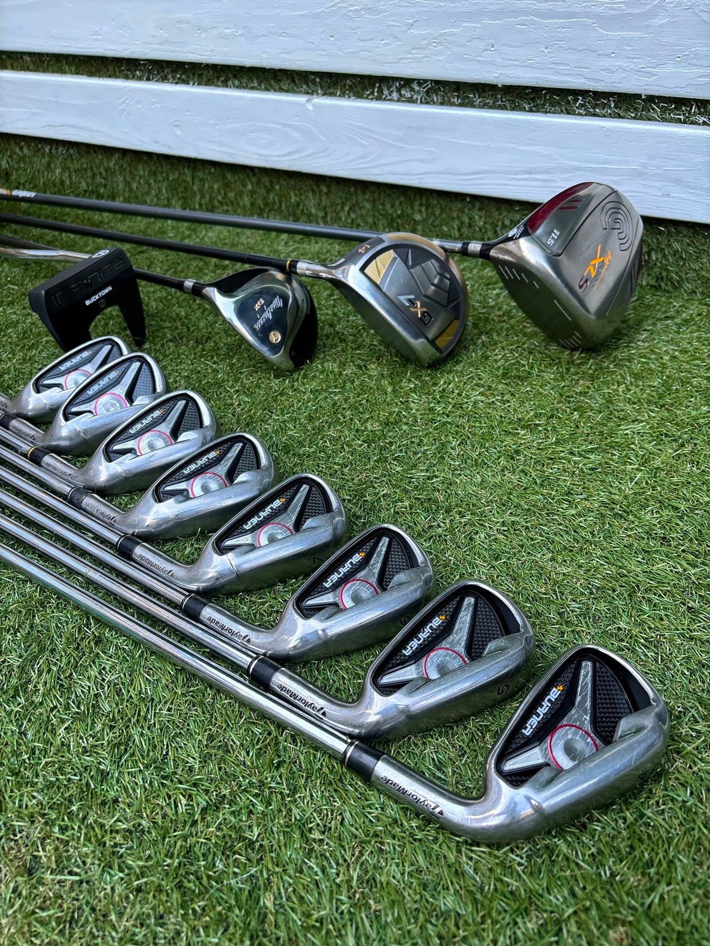 TaylorMade Irons, Cleveland Driver, GX-7 Wood, MacGregor 7 Wood, Wilson Putter & Ping Stand Bag