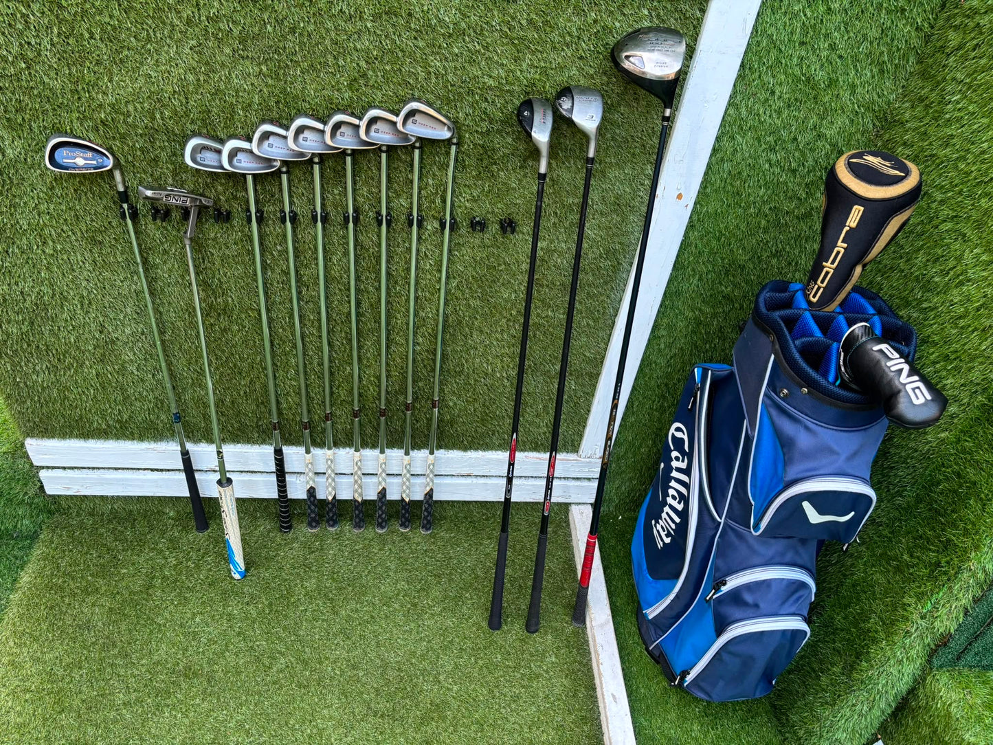 Wilson Deep Red Irons, Cobra Driver, TaylorMade Wood, TaylorMade Hybrid, Ping Putter Callaway Cart Bag