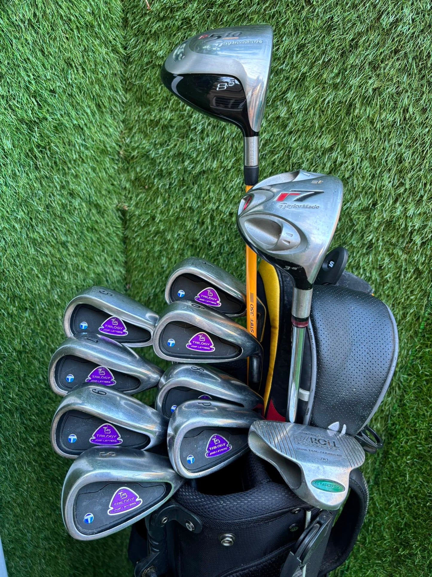John Letters Graphite Irons, TaylorMade Driver, TaylorMade r7 Wood, EZROLL Putter & Nike Stand Bag