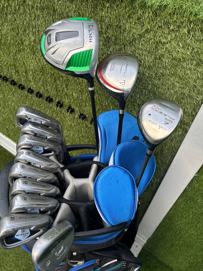 Dunlop Max Irons (3, 5–SW) + Cobra SS Hyper Steel 7 Wood + Driver + TaylorMade Cart Bag Free P&P