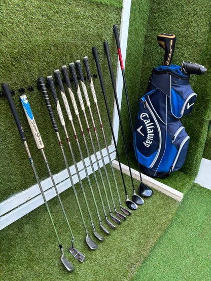 Wilson Deep Red Irons, Cobra Driver, TaylorMade Wood, TaylorMade Hybrid, Ping Putter Callaway Cart Bag