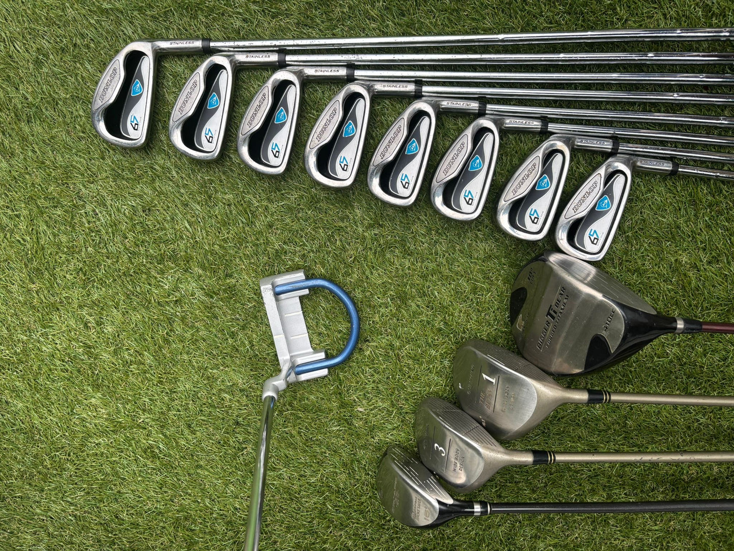 Dunlop 65i Irons + Gullwing Woods + Benross Hybrid + TaylorMade Cart Bag – 13-Club Golf Set