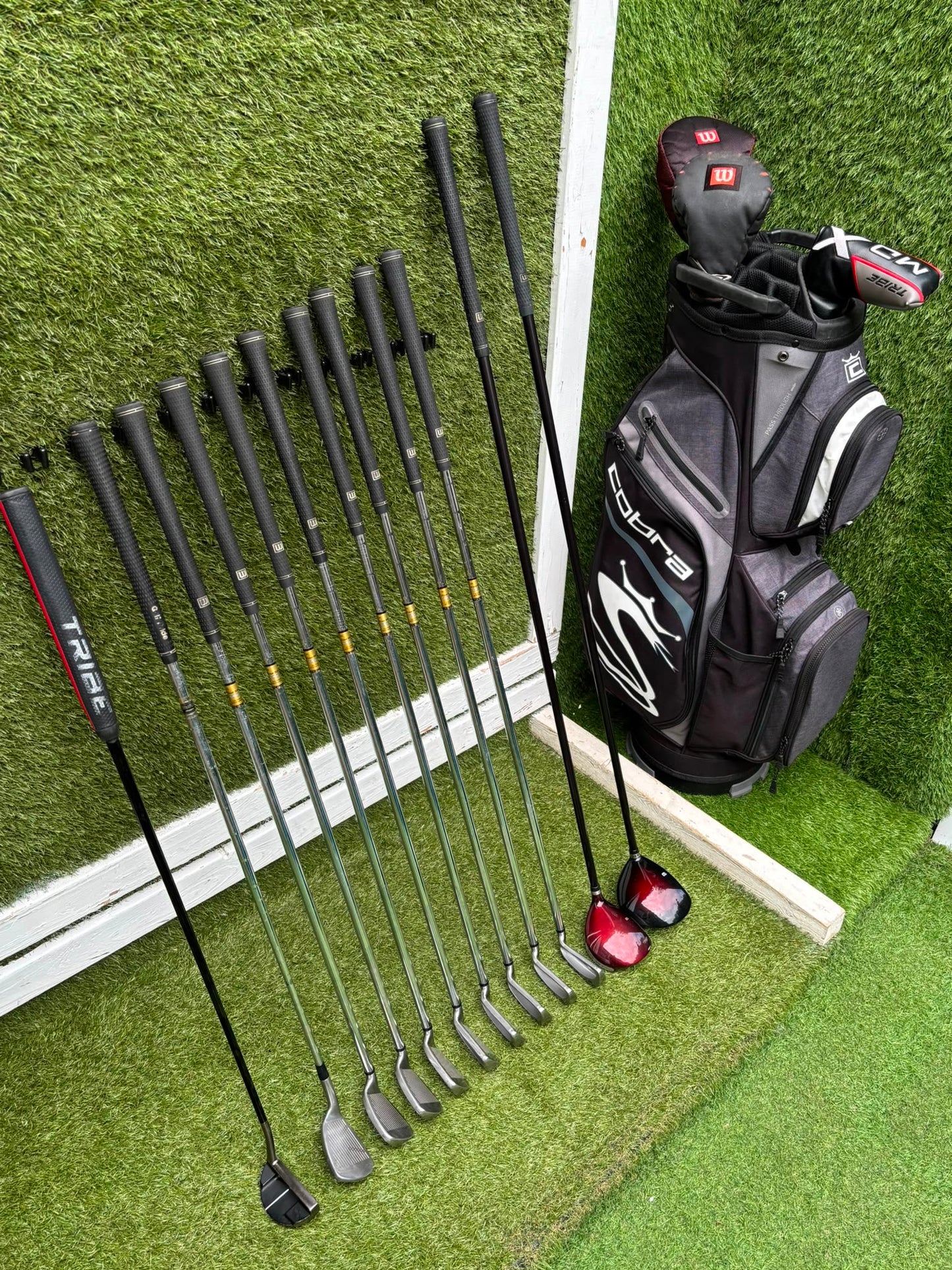Wilson FatShaft Irons, Wilson Deep Red Driver, Wilson Deep Red 1 Wood, Benross MDX Tribe Putter & Cobra Cart Bag