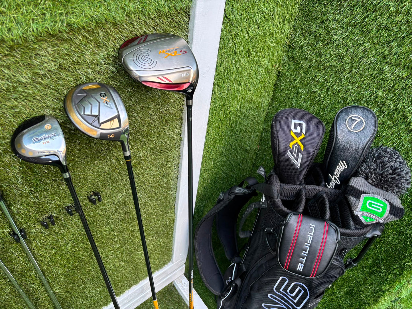 TaylorMade Irons, Cleveland Driver, GX-7 Wood, MacGregor 7 Wood, Wilson Putter & Ping Stand Bag