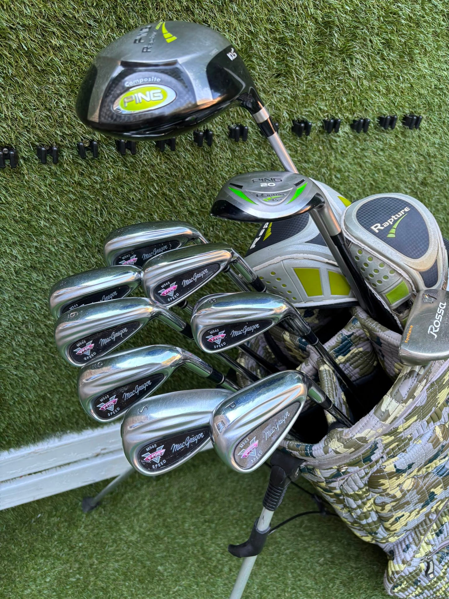 MacGregor V-Foil M565 Irons, Ping Driver, Ping Hybrid, TaylorMade Putter & Premium OUUL Camouflage Stand Bag