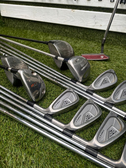 Mizuno Zoid Comp CT Irons + Titleist & Cobra Drivers + Mizuno Woods + Tail Moore Putter + PowaKaddy Cart Bag – 14 Clubs