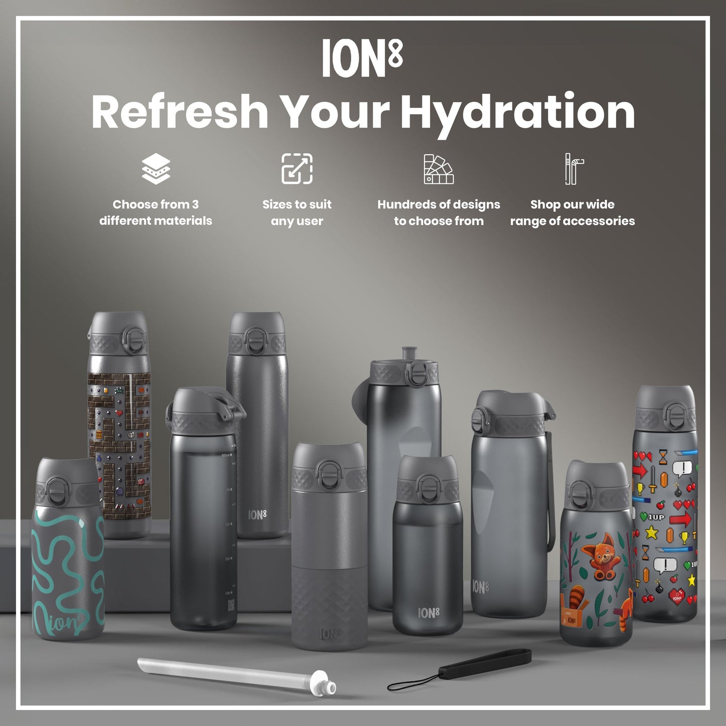 Leak Proof Medium Water Bottle with Straw, Recyclon, Grey, 500ml (18oz)