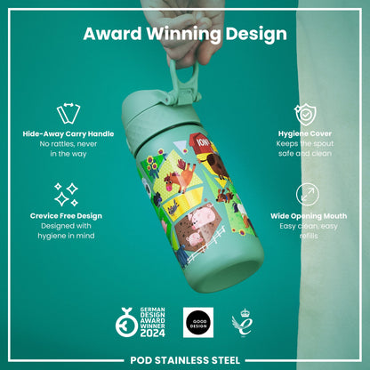 Leak Proof Kids Water Bottle, Stainless Steel, Farming Animals, 400ml (13oz)