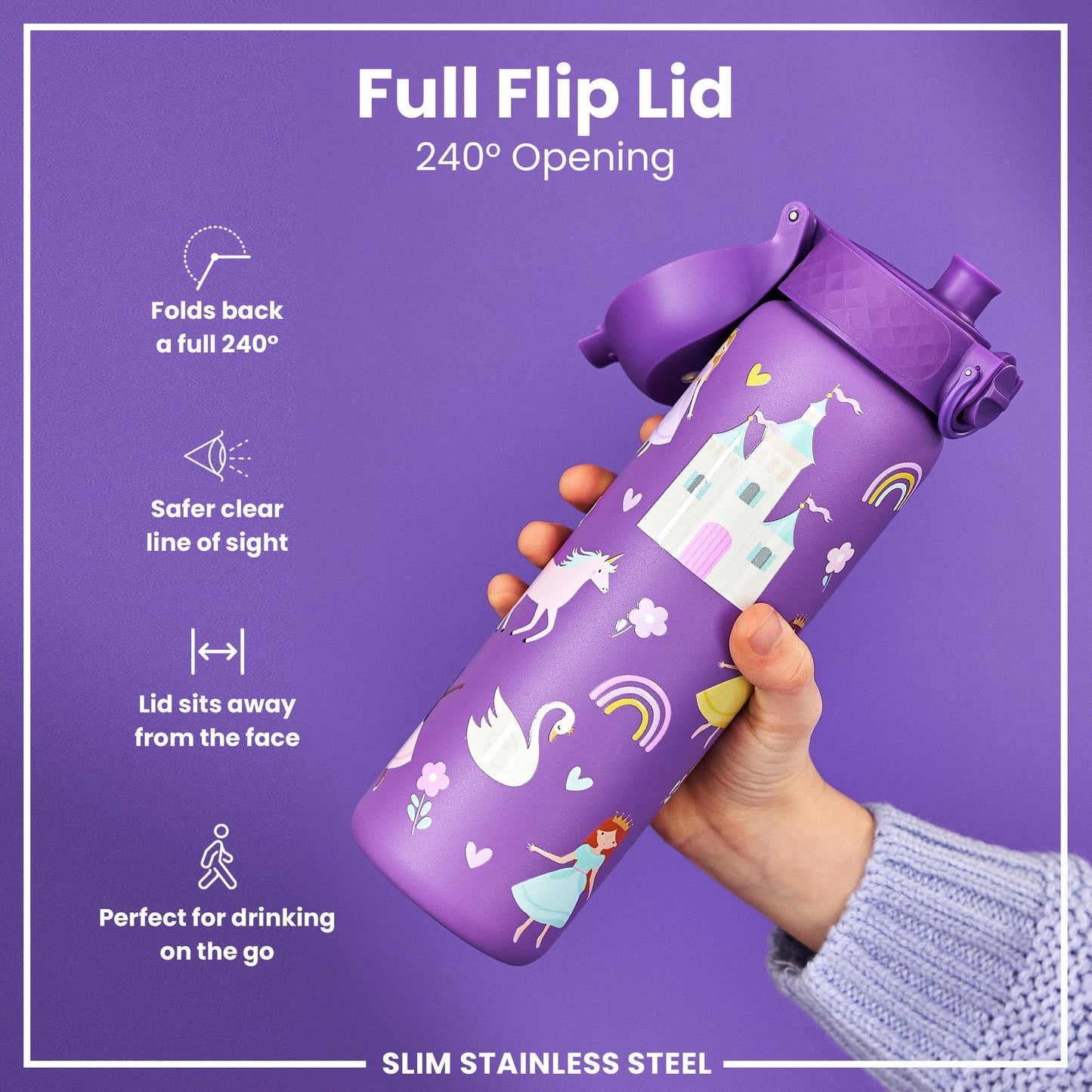 Leak Proof Slim Thermal Water Bottle, Insulated Steel, Princess, 500ml (17oz)