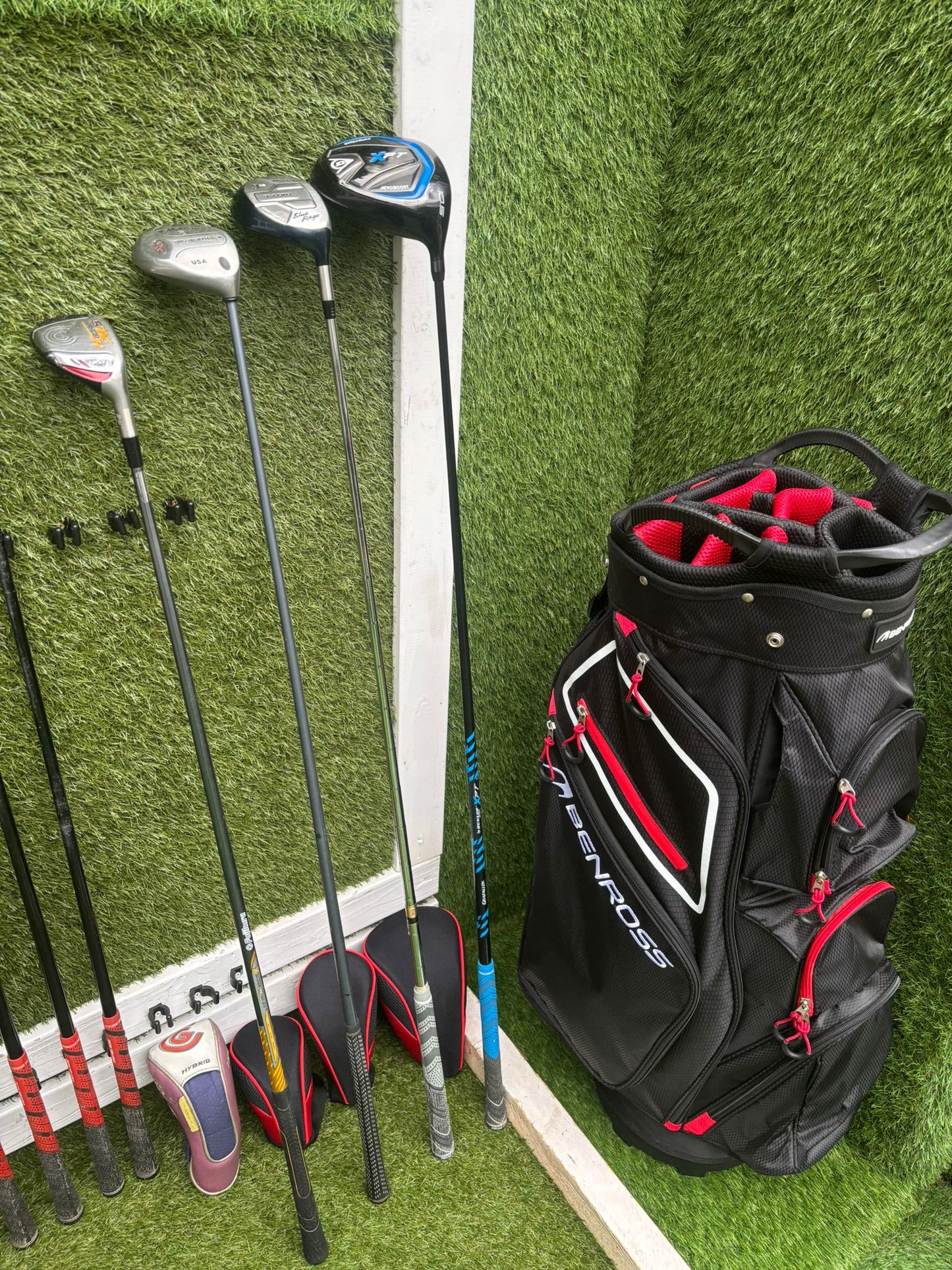 Wilson HotBlade Irons (5–SW) with Dunlop XPT Driver, Callaway & Mizuno Woods, Cleveland Hybrid Benross Cart Bag (12 Clubs)