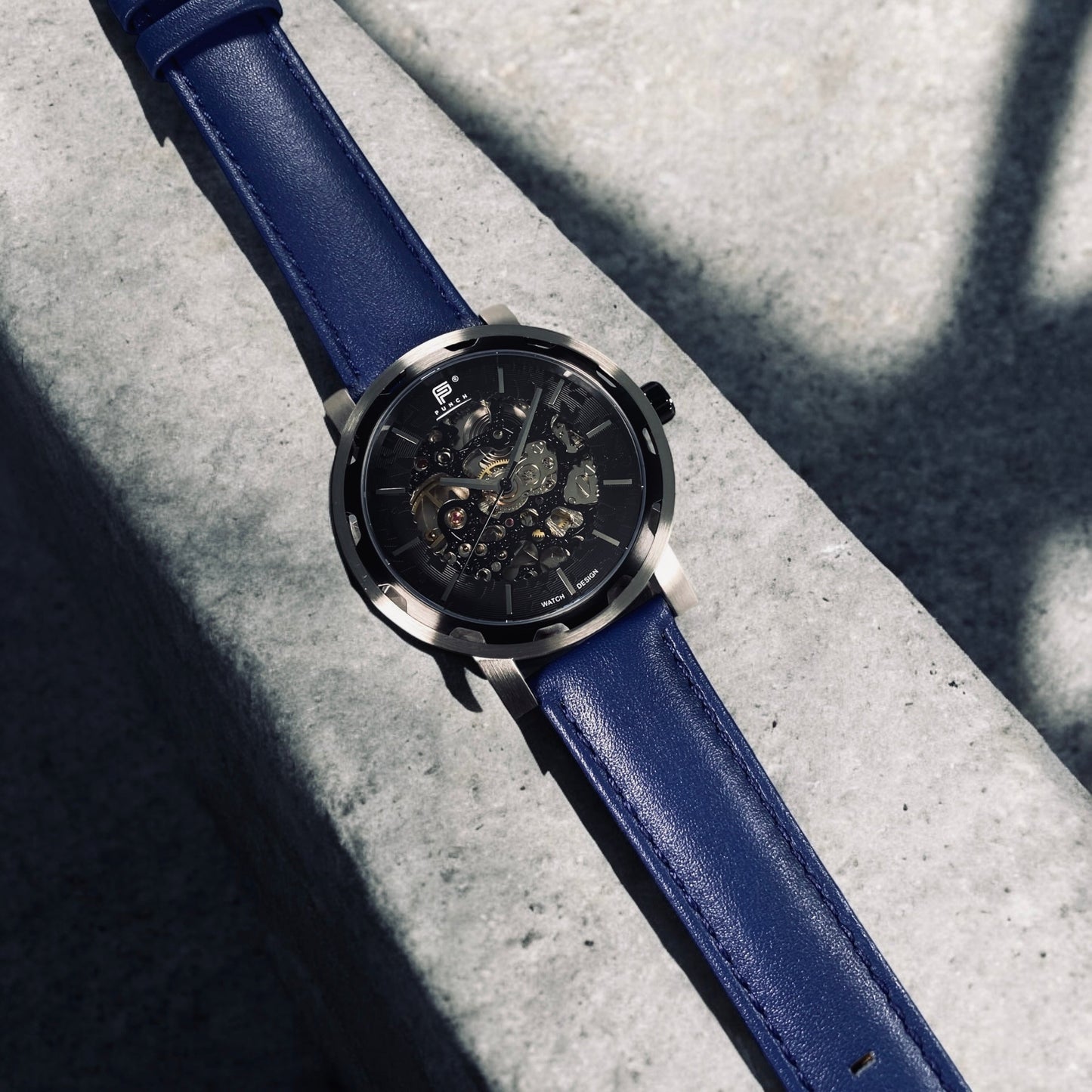 PUNCH Mens Watch, Black & Silver Skeleton Automatic Watch - Blue Leather Strap