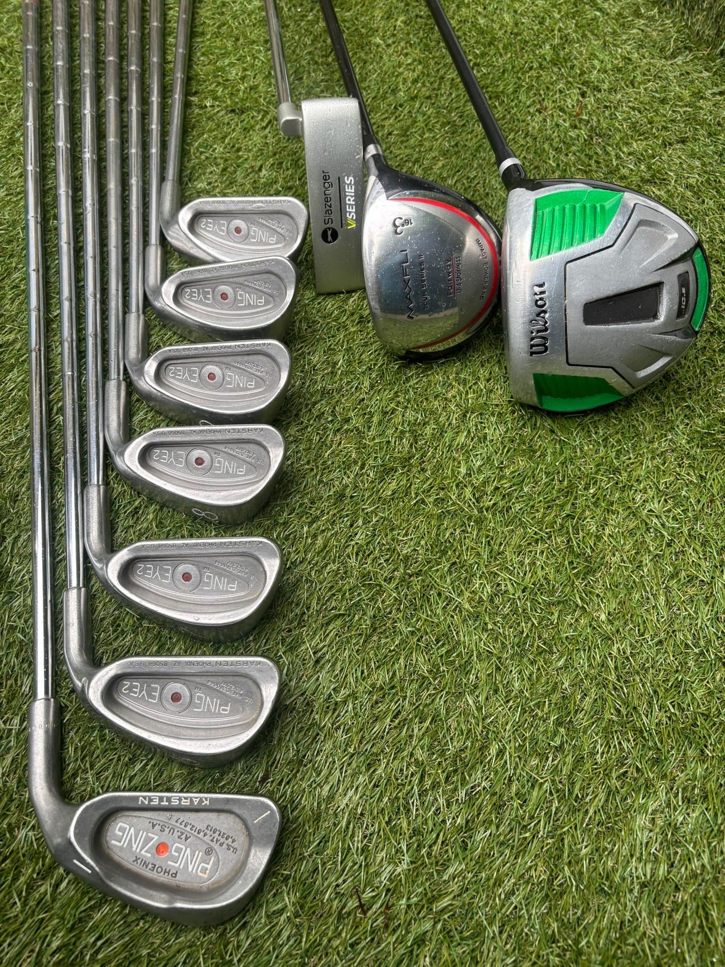 PING Eye2 Red Dot Irons, PING Zing 1 Iron, Wilson Driver, MaxFli 3 Wood & Nike Vapor X Stand Bag