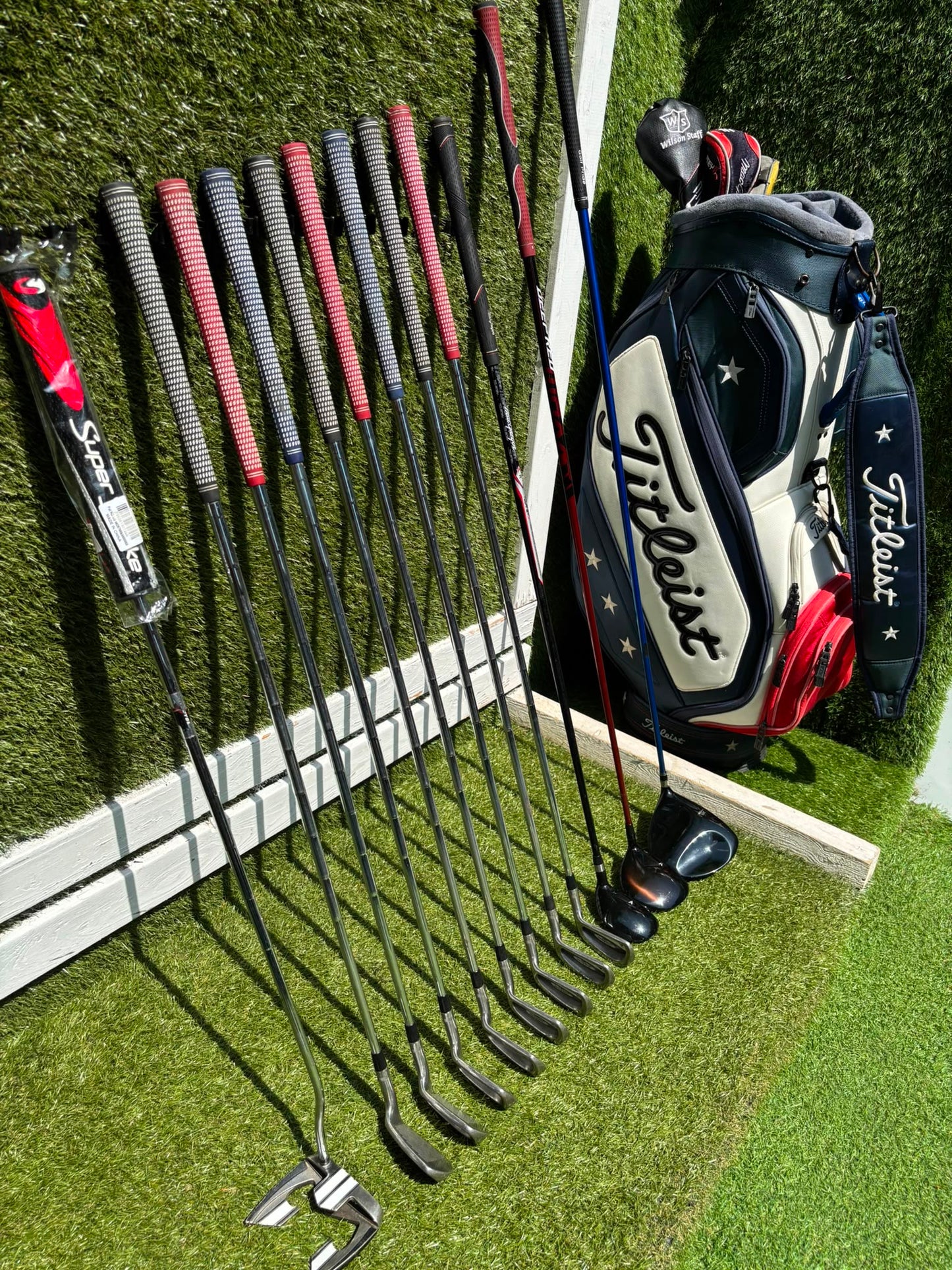 Titleist DCI 762 Irons, Cobra Driver, Odyssey White Ice Teron & Titleist Stars & Stripes Cart Bag