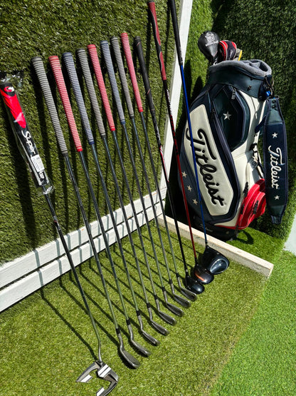 Titleist DCI 762 Irons, Cobra Driver, Odyssey White Ice Teron & Titleist Stars & Stripes Cart Bag