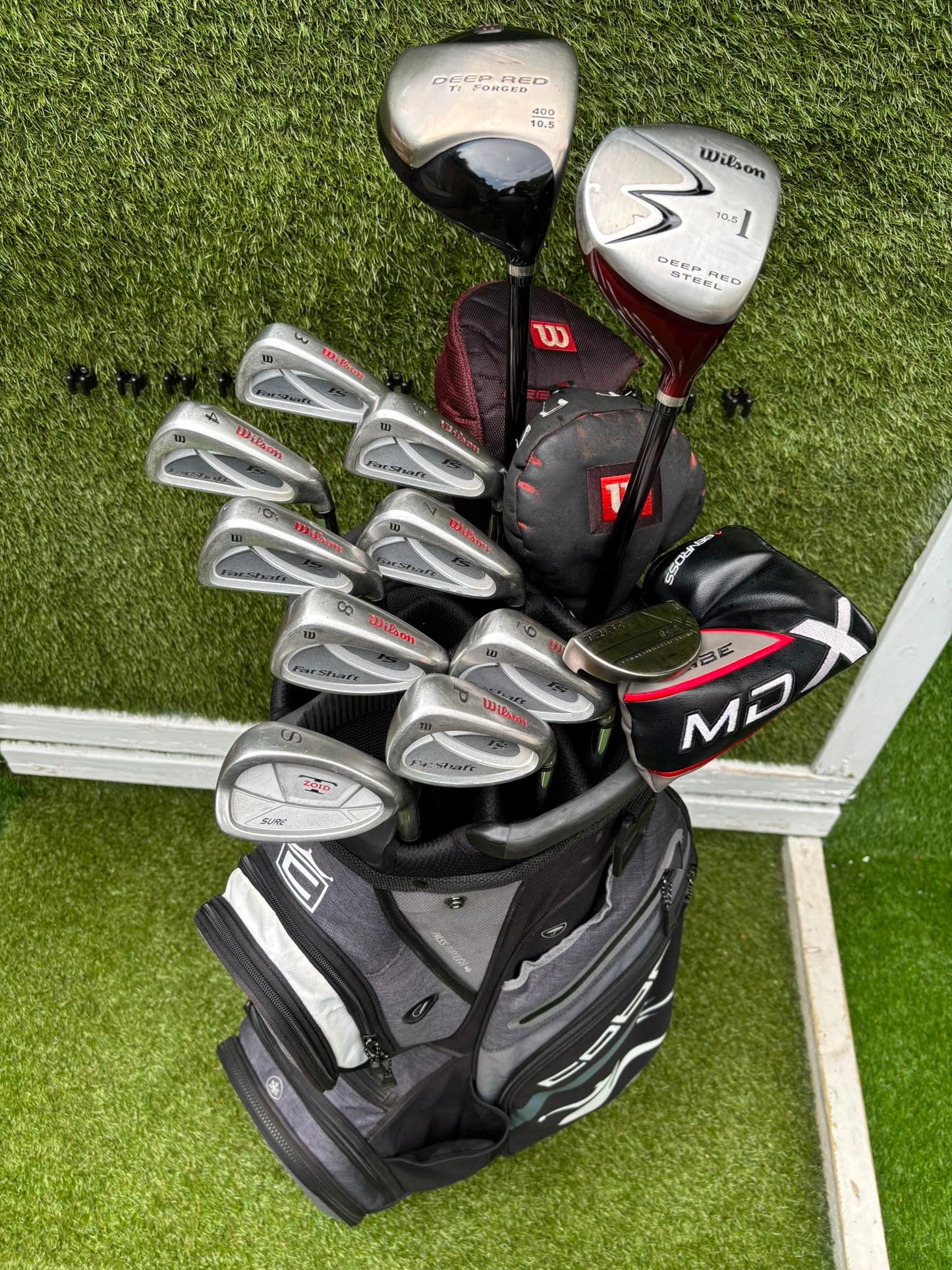 Wilson FatShaft Irons, Wilson Deep Red Driver, Wilson Deep Red 1 Wood, Benross MDX Tribe Putter & Cobra Cart Bag