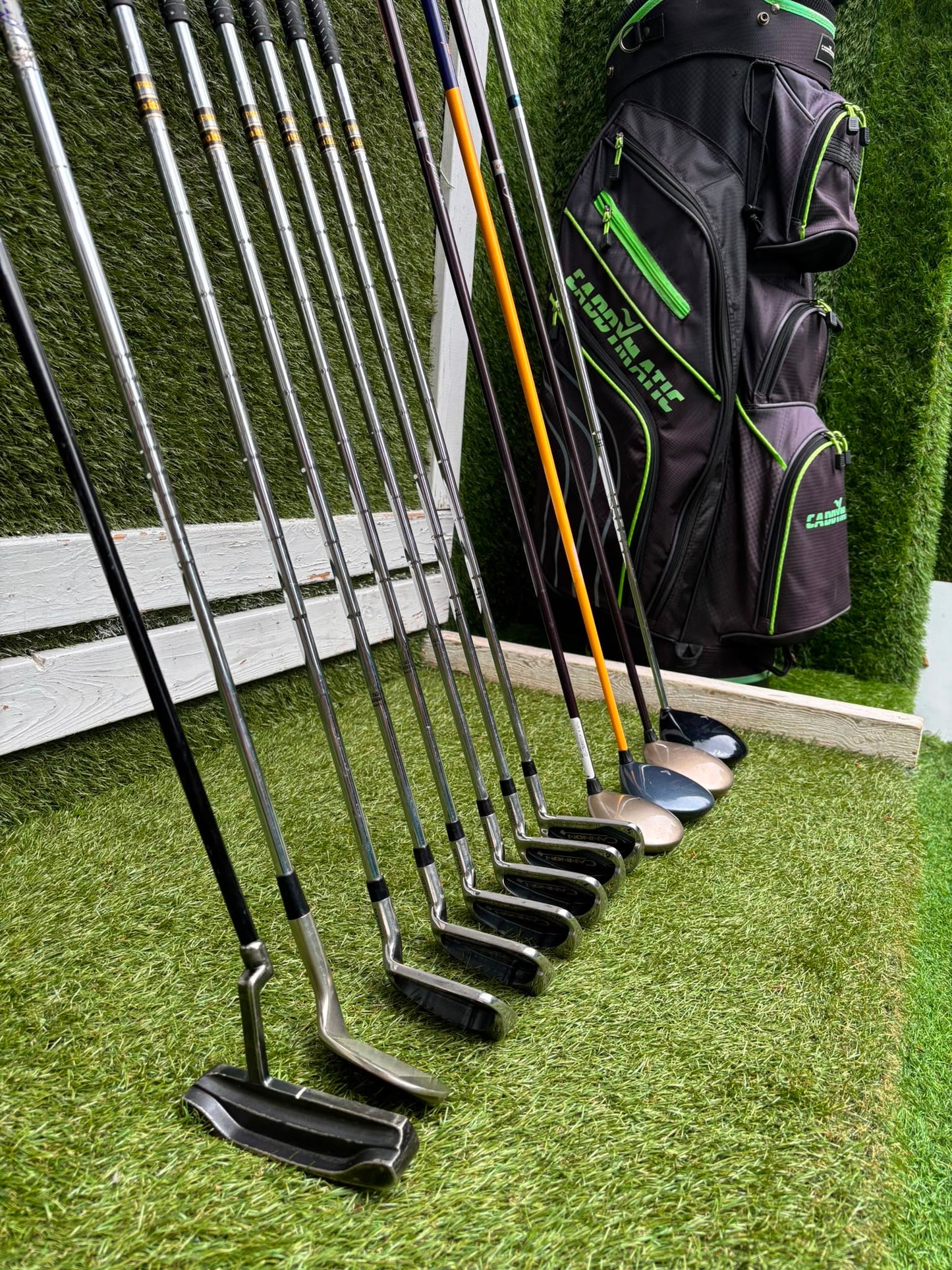 Callaway Big Bertha Woods, Spalding Cannon Irons (5–PW), Tad Moore Wedge & Caddymatic Cart Bag