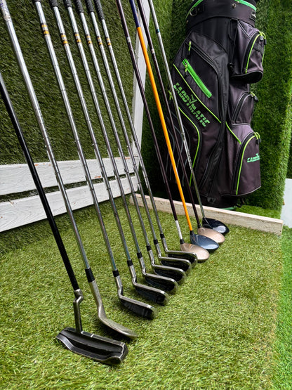 Callaway Big Bertha Woods, Spalding Cannon Irons (5–PW), Tad Moore Wedge & Caddymatic Cart Bag