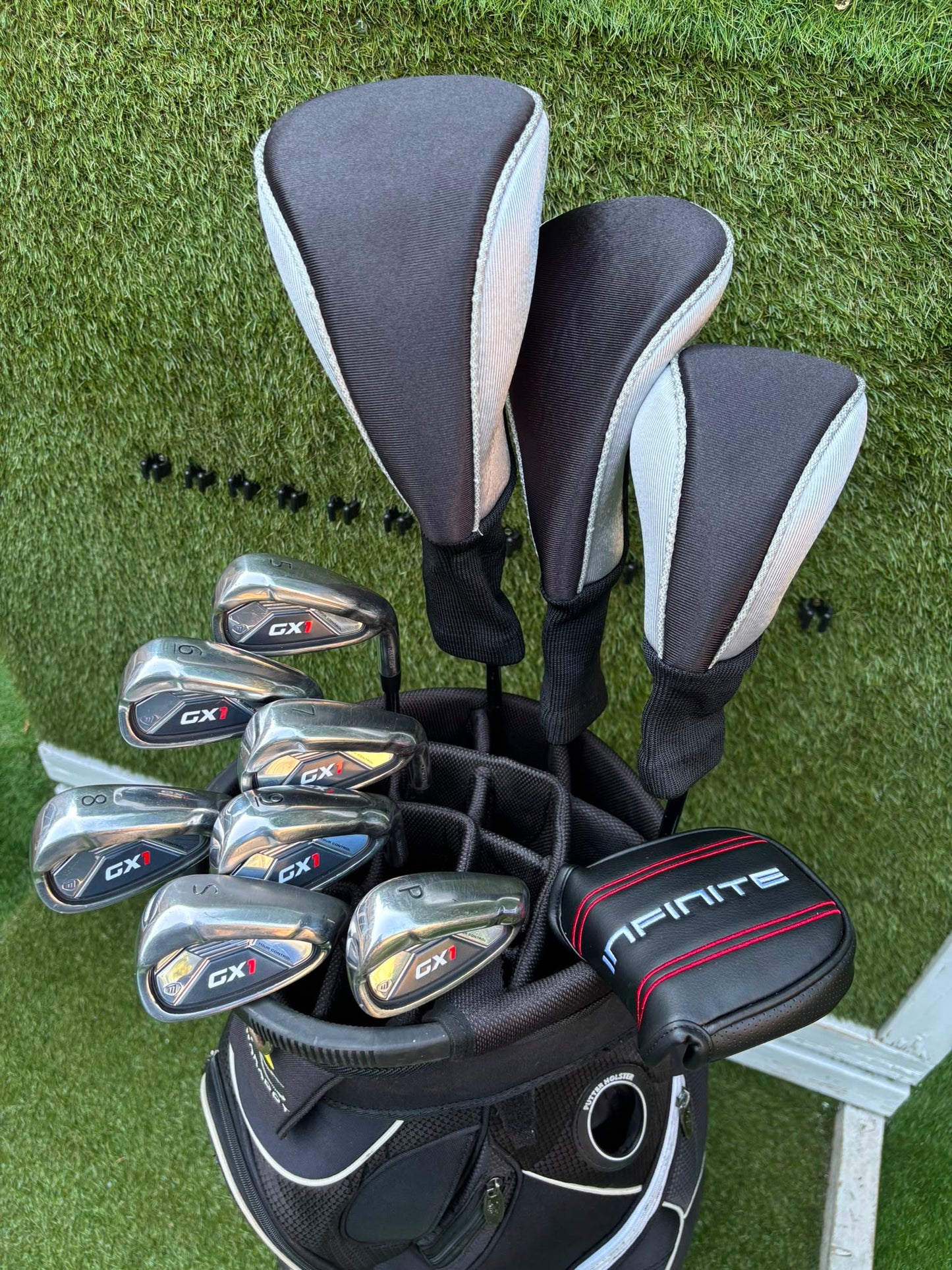 Masters GX1 Irons, Trilogy Ti-Matrix Driver, Dunlop NZ9 Fairway Woods, Wilson Infinite Buckingham Putter & PowaKaddy Cart Bag