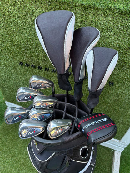 Masters GX1 Irons, Trilogy Ti-Matrix Driver, Dunlop NZ9 Fairway Woods, Wilson Infinite Buckingham Putter & PowaKaddy Cart Bag