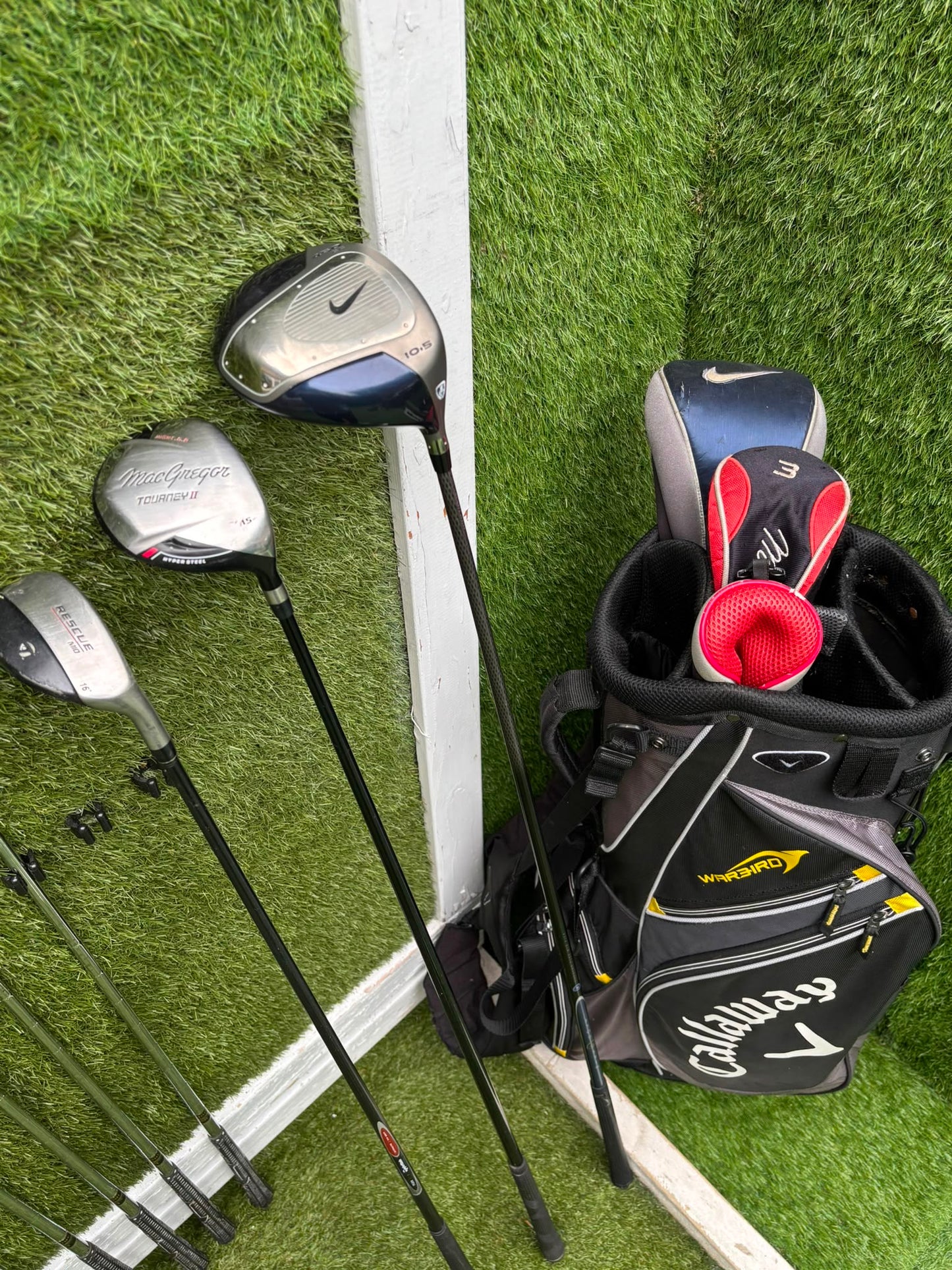 Nike Ignite Dymo² Driver, Spalding Cannon Irons (3–9, SW), TaylorMade Rescue & Rossa Putter | Callaway Stand Bag