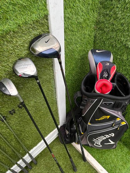 Nike Ignite Dymo² Driver, Spalding Cannon Irons (3–9, SW), TaylorMade Rescue & Rossa Putter | Callaway Stand Bag