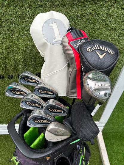 Callaway Big Bertha Woods, Spalding Cannon Irons (5–PW), Tad Moore Wedge & Caddymatic Cart Bag