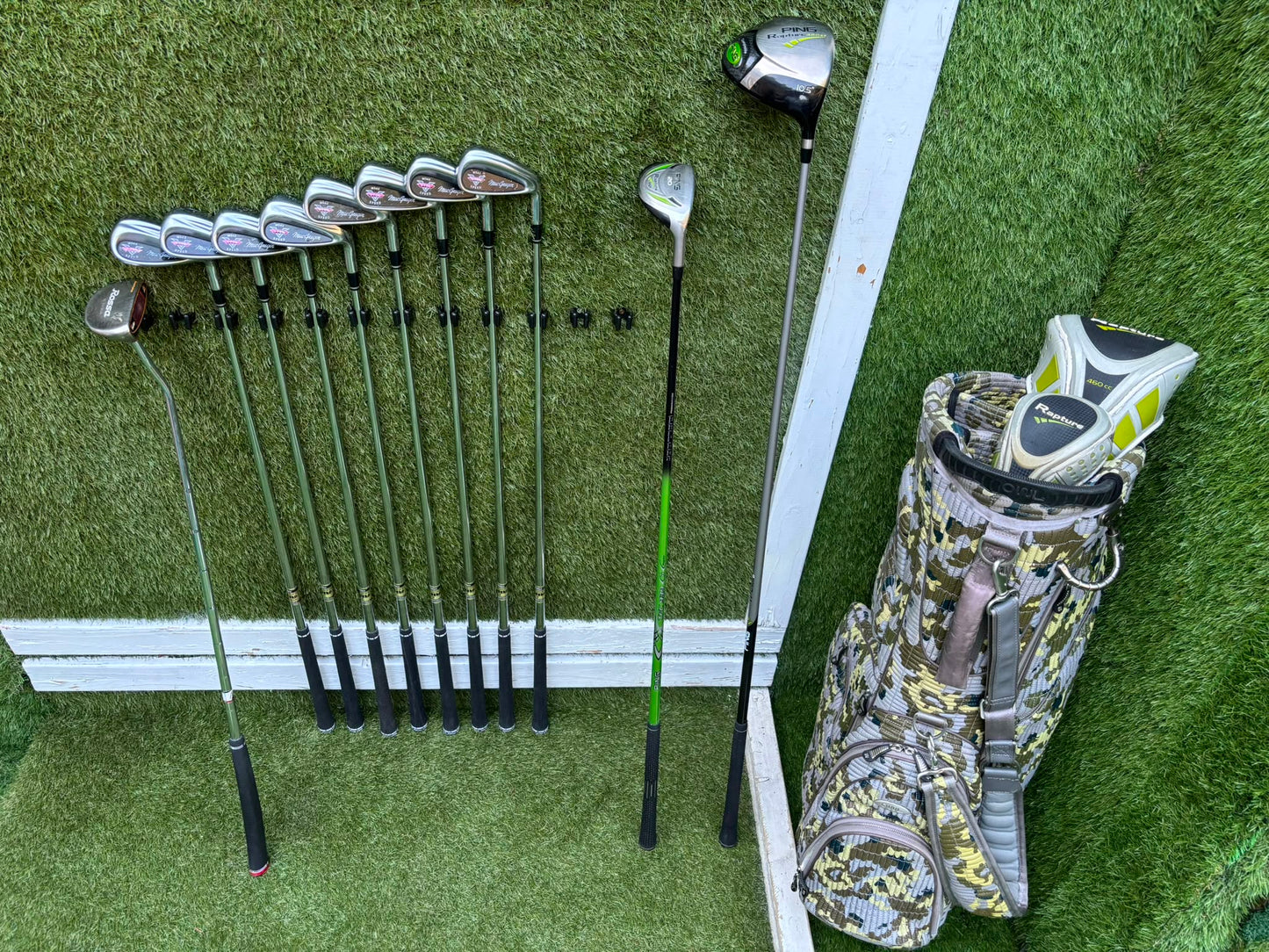 MacGregor V-Foil M565 Irons, Ping Driver, Ping Hybrid, TaylorMade Putter & Premium OUUL Camouflage Stand Bag