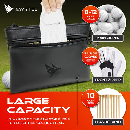 SWIFTEE Golf Valuables Pouch with Fleece Lining and Vegan Leather Material for Accessories and Tee Ball Storage
