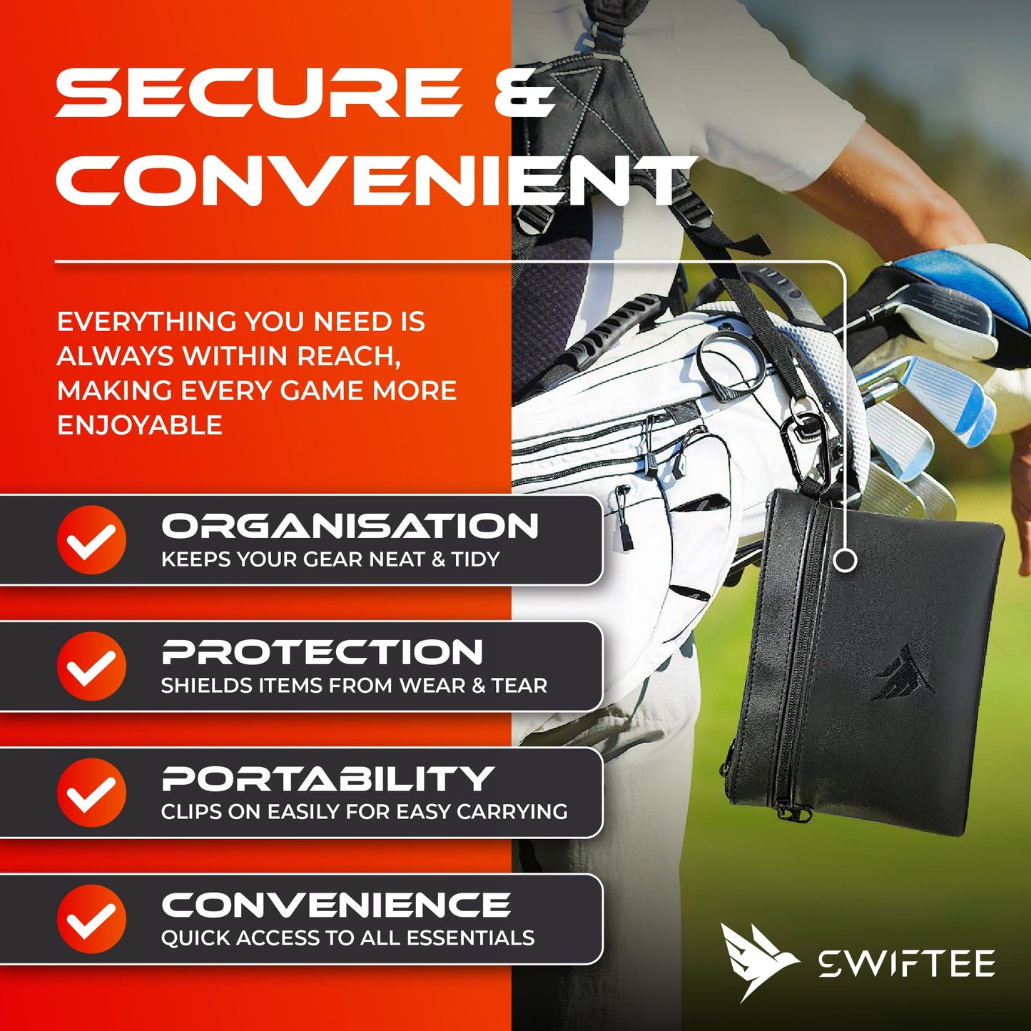 SWIFTEE Golf Valuables Pouch with Fleece Lining and Vegan Leather Material for Accessories and Tee Ball Storage